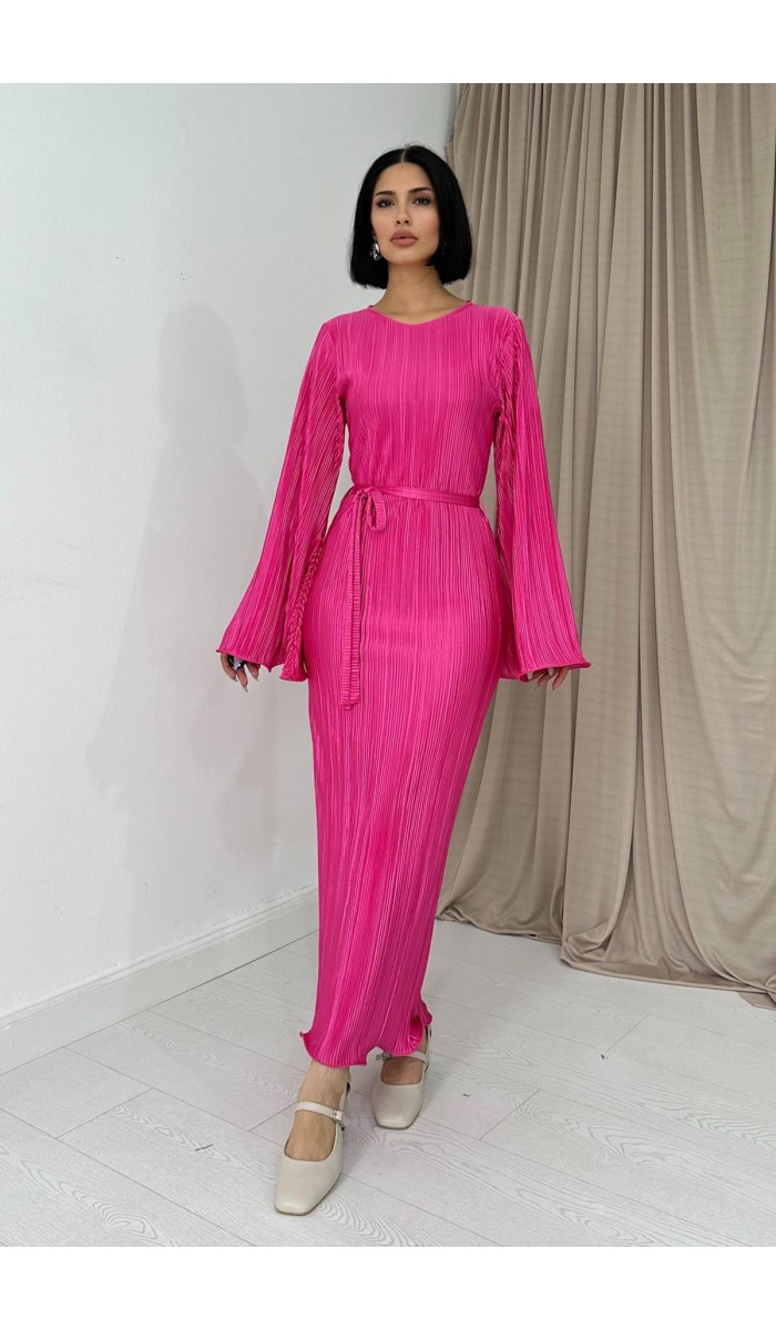 İspanyol Kol Piliseli Elbise - Fuşya