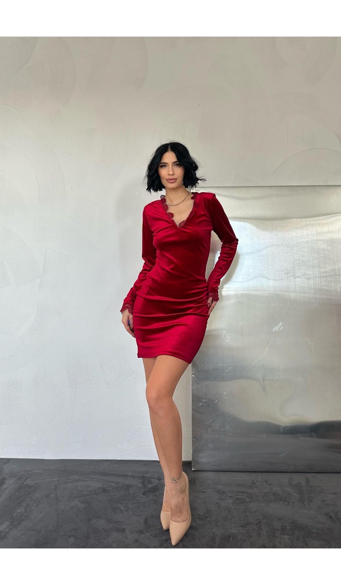 Yaka Ve Kol Dantelli Mini Elbise - Kırmızı