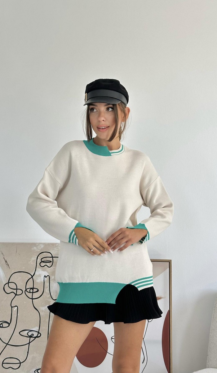 Yaka Ve Manşet Garnili Triko Kazak - Yeşil Yaka Ve Manşet Garnili Triko Kazak - Yeşil