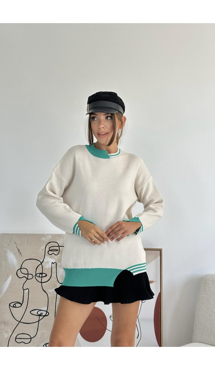 Yaka Ve Manşet Garnili Triko Kazak - Yeşil