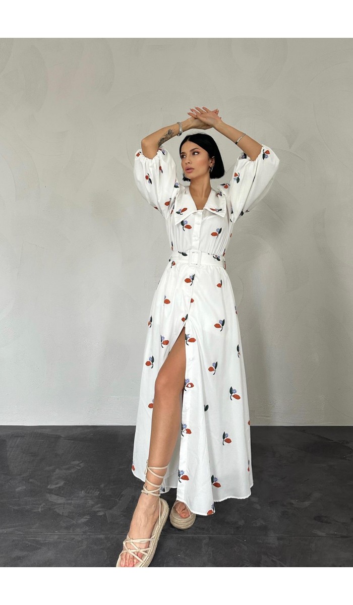 Yakası Çiçek Motifli Kemerli Elbise - Mavi Yakası Çiçek Motifli Kemerli Elbise - Mavi