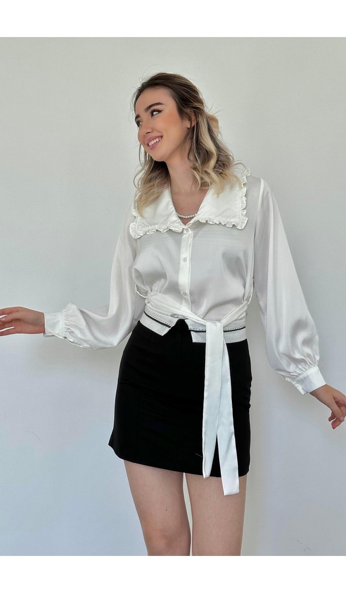 Yakası Fırfırlı Kuşaklı Saten Gömlek - Beyaz