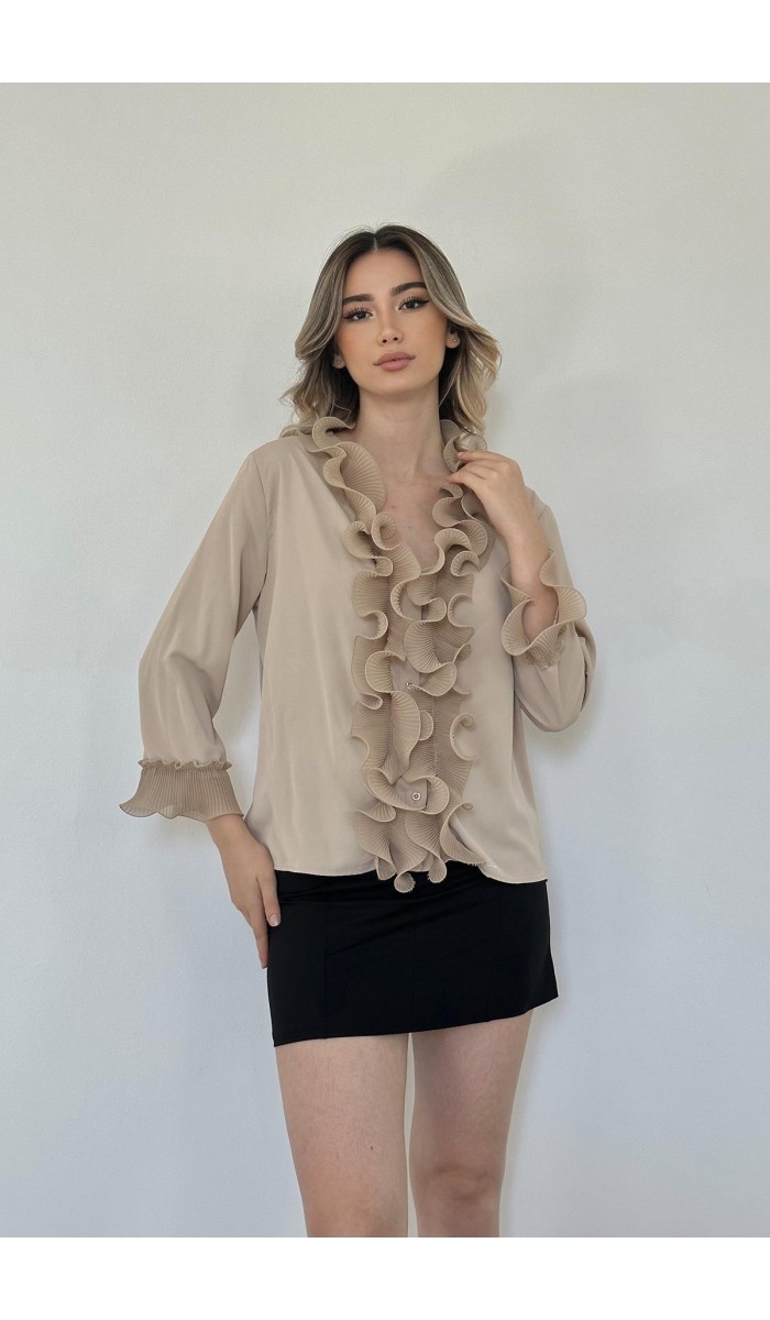 Yakası Volanlı Gömlek - Bej