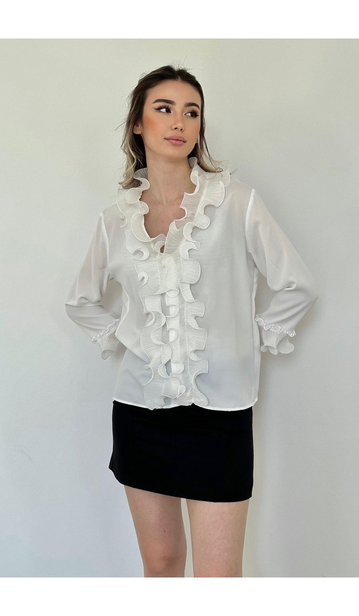 Yakası Volanlı Gömlek - Beyaz