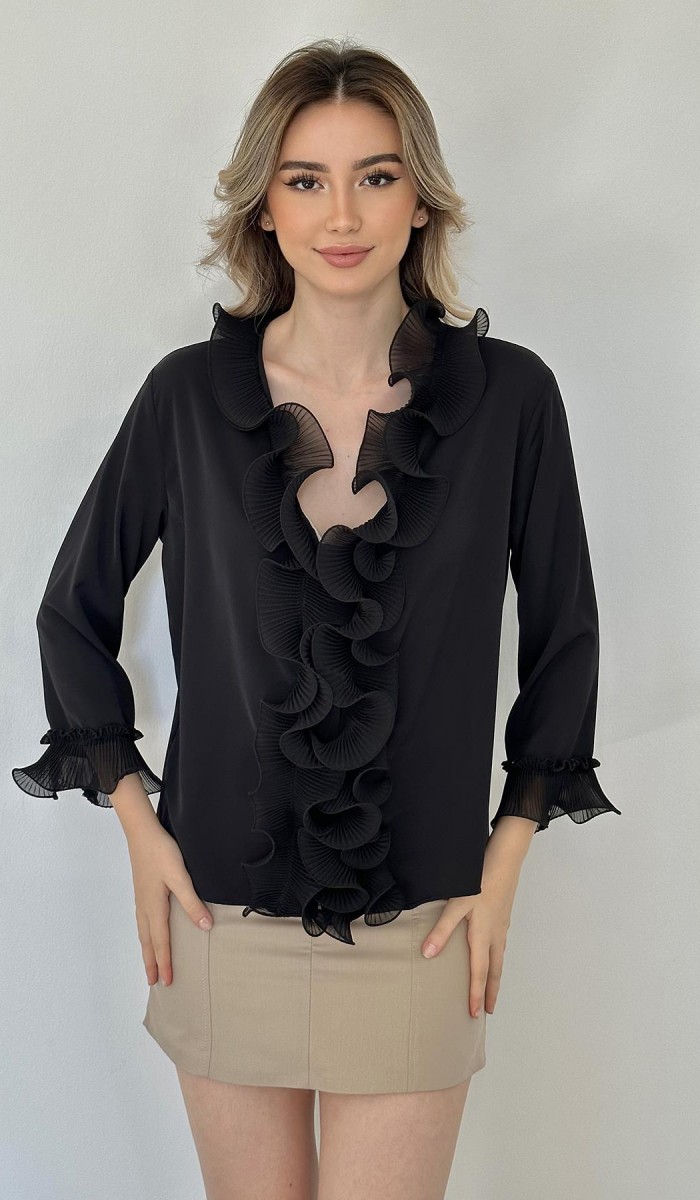 Yakası Volanlı Gömlek - Siyah