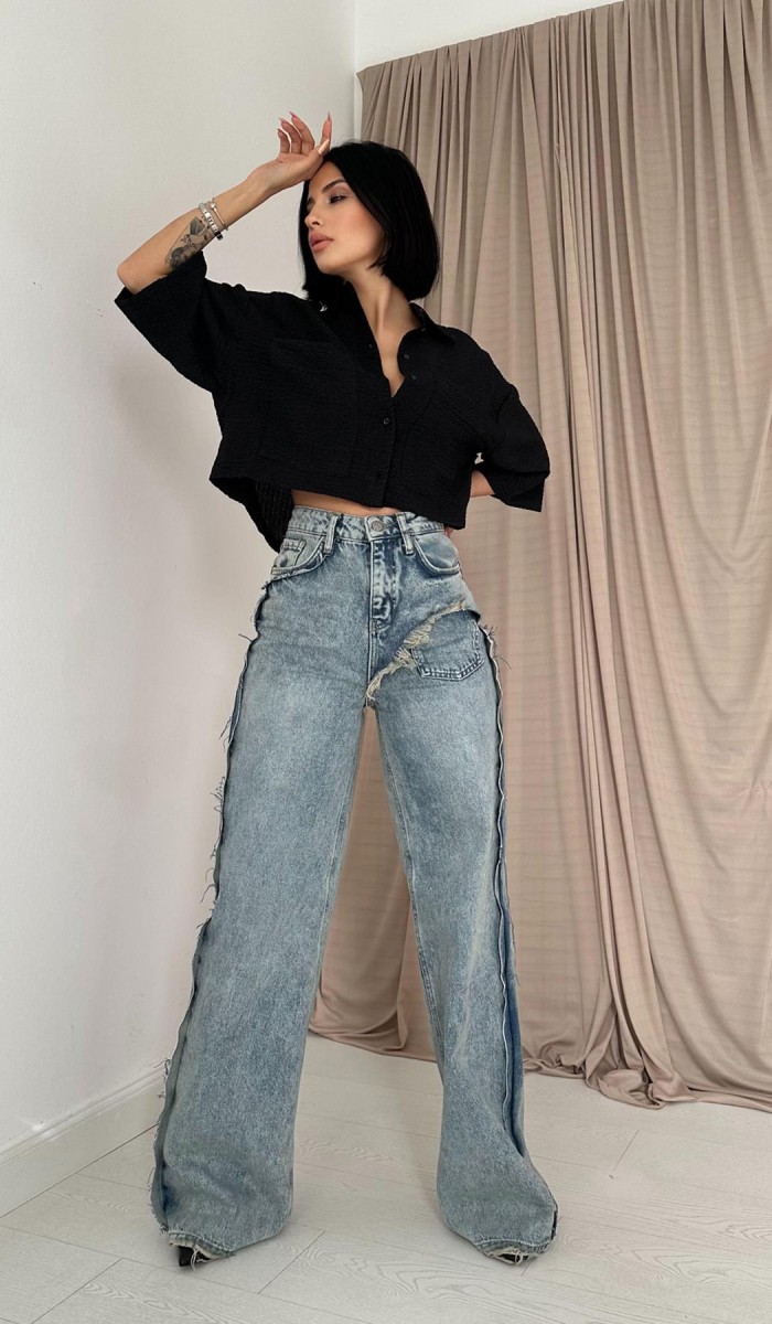 Yan Yırtmaçlı Jeans Pantolon - Kar Yıkama