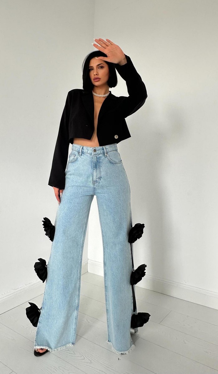 Yanları Güllü Jeans Pantolon - Mavi