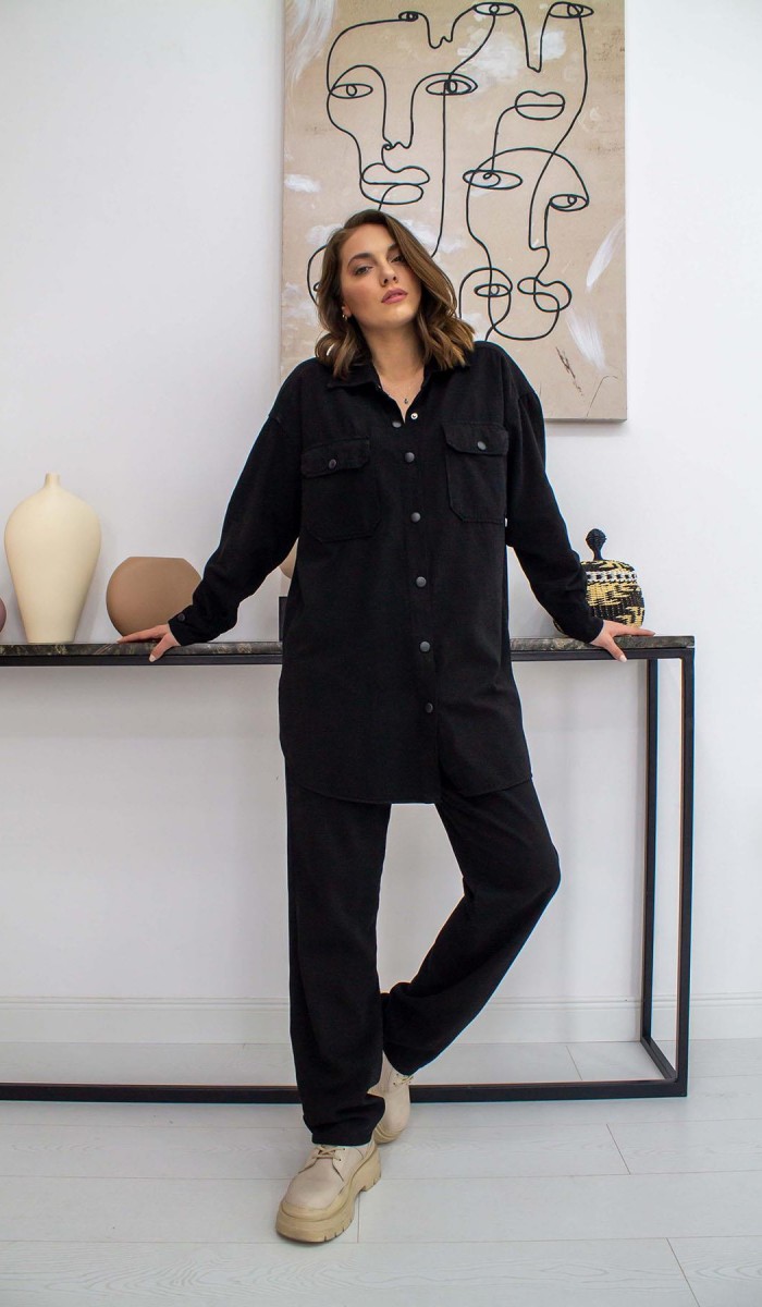 Yıkamalı Gömlek Ve Pantolon Takım - Siyah