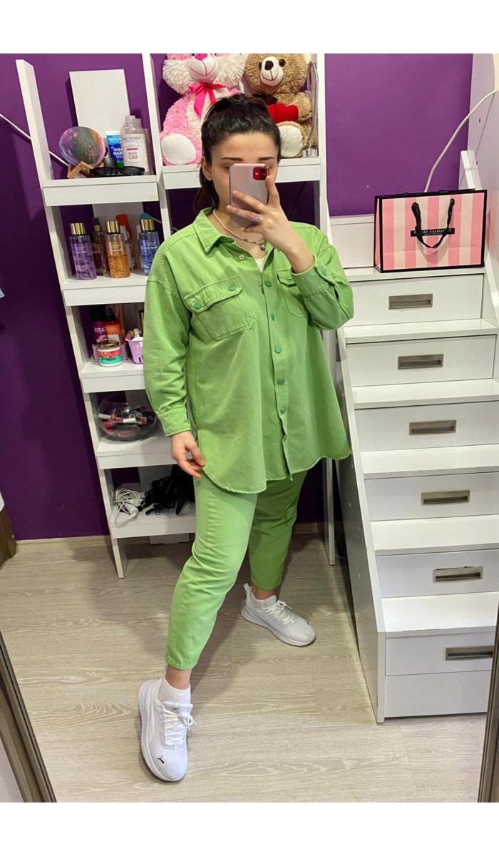 Yıkamalı Gömlek Ve Pantolon Takım - Yeşil