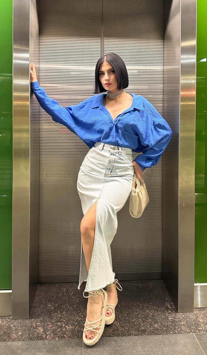 Yırtmaçlı Kot Etek - Kar Yıkama Yırtmaçlı Kot Etek - Kar Yıkama