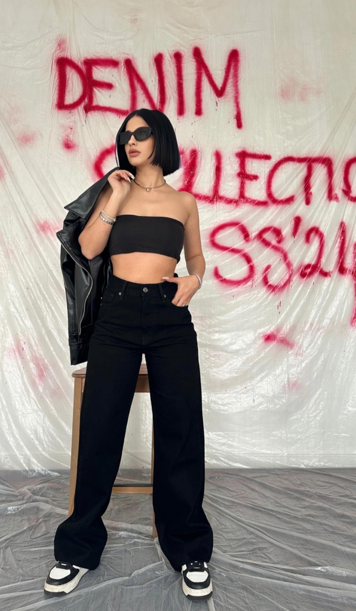Yüksek Bel Ve Geniş Paça Jeans Pantolon - Siyah